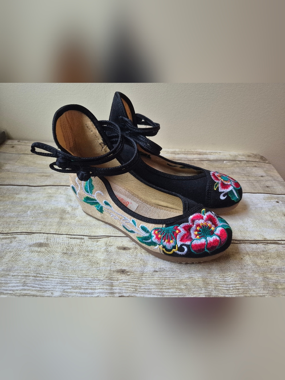 Black Embroidered Floral Ankle-Tie Wedges - Picture 13 of 14